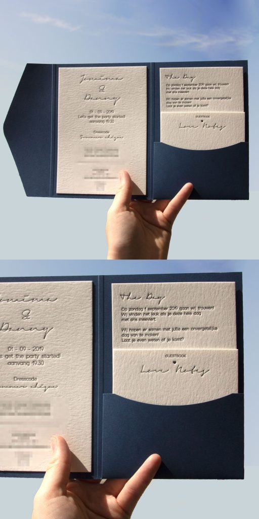 Jomima had zelf een schetsontwerp gemaakt voor haar pocketfold trouwkaart. Deze hebben wij samen met haar gefinetuned en daar is deze mooie uitnodiging uit voort gekomen.
