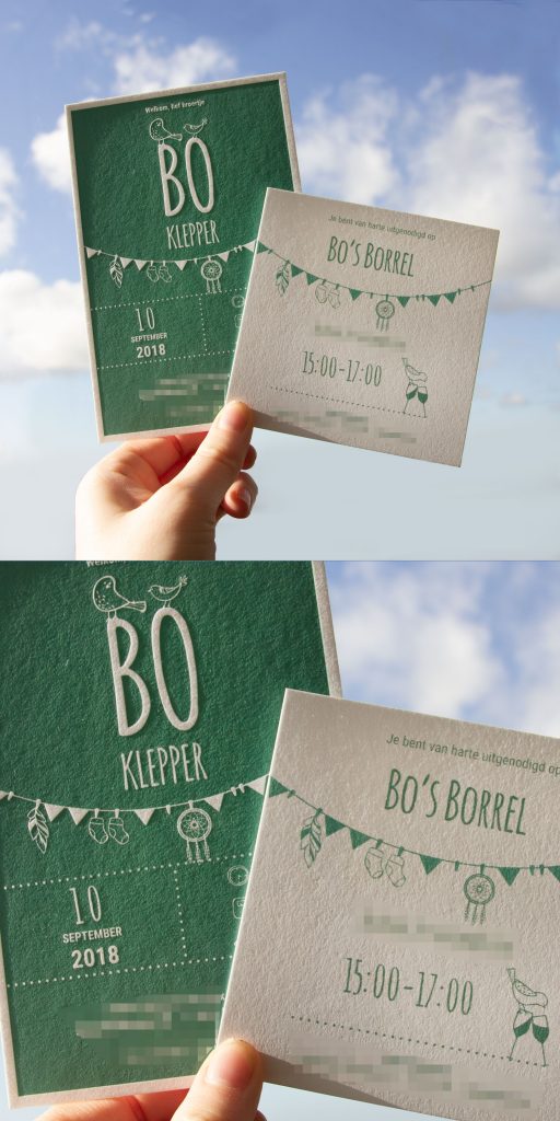Voor Bo hebben we dit lieve geboortekaartje met bijpassend borrelkaartje ontworpen en gedrukt. Alles blijft zo mooi in 1 stijl.