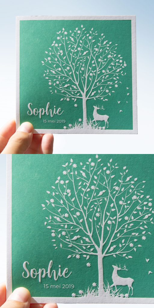 Voor Sophie hebben wij dit lieve geboortekaartje met een hert en een boom mogen maken. De voorzijde is gedrukt in een groene kleur en de binnenzijde in een roze kleur, omdat dit bij de babykamer paste.