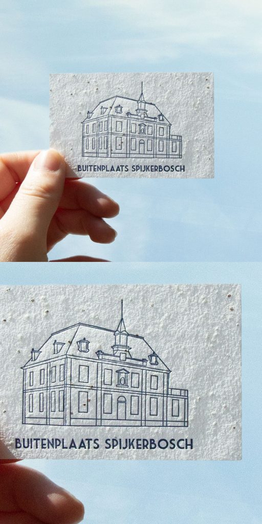 Een passend visitekaartje voor Buitenplaats Spijkerbosch was toch wel papier met zaadjes. Het kaartje kan geplant worden en dan groeien er wilde bloemen uit!