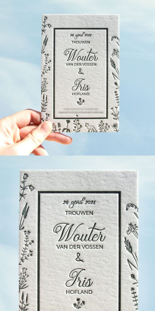 Voor Wouter en Iris die buiten gaan trouwen hebben wij deze trouwkaart/save the date kaart mogen ontwerpen en drukken. Eenvoud is zo mooi met letterpress.