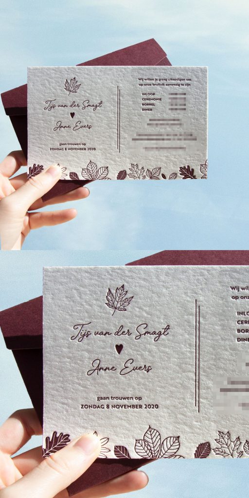 Tijs en Anne trouwen in de herfst en daar hebben wij een bijzondere trouwkaart voor mogen ontwerpen en drukken. Met mooie bijpassende enveloppen.