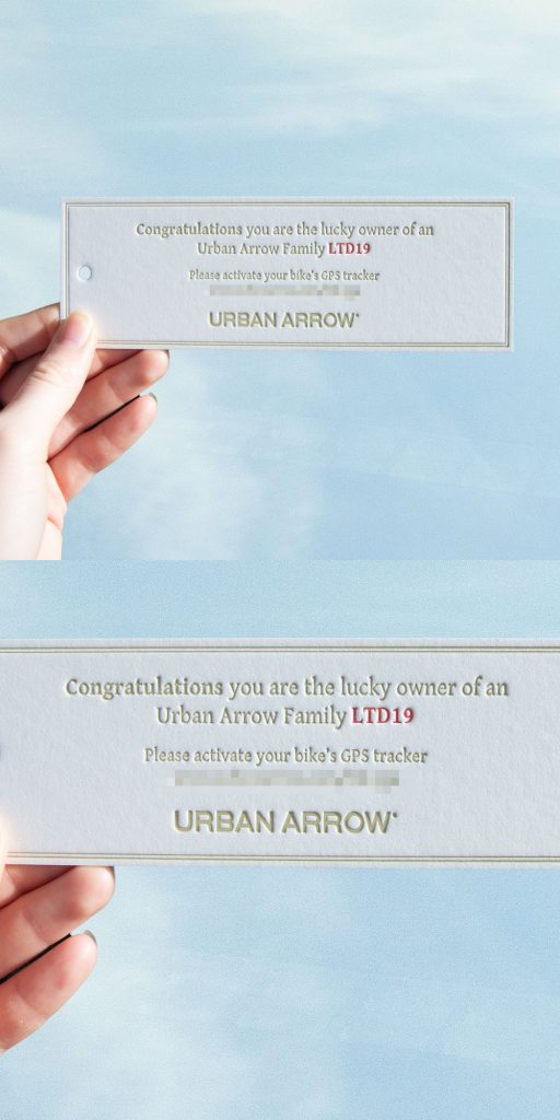 Urban Arrow heeft een hangtag bij ons laten maken voor de release van hun nieuwe elektrische bakfiets. Met twee kleuren gedrukt op Cotton papier.