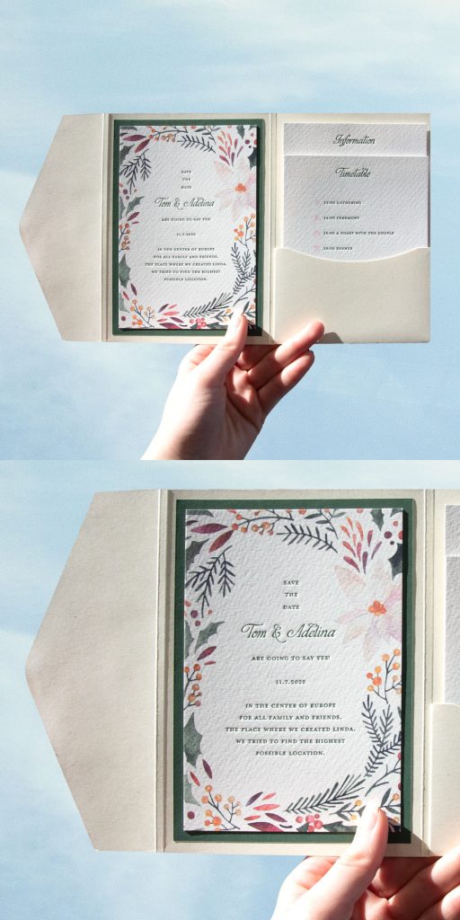 Deze pocketfold trouwkaart is digitaal gedrukt (full-colour) waarna wij de tekst er in 1 kleur letterpress aan hebben toegevoegd. Dit ontwerp hebben wij speciaal ontworpen voor het bruidspaar die opzoek was naar een bijzondere trouwkaart.
