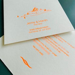 Trouwkaart letterpress neon; miss letterpress